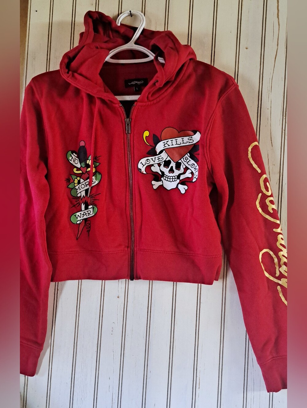 Ed Hardy Love Kills Slowly Hooded Zip  Jacket Cropped Red Skulls See Sizing LRG